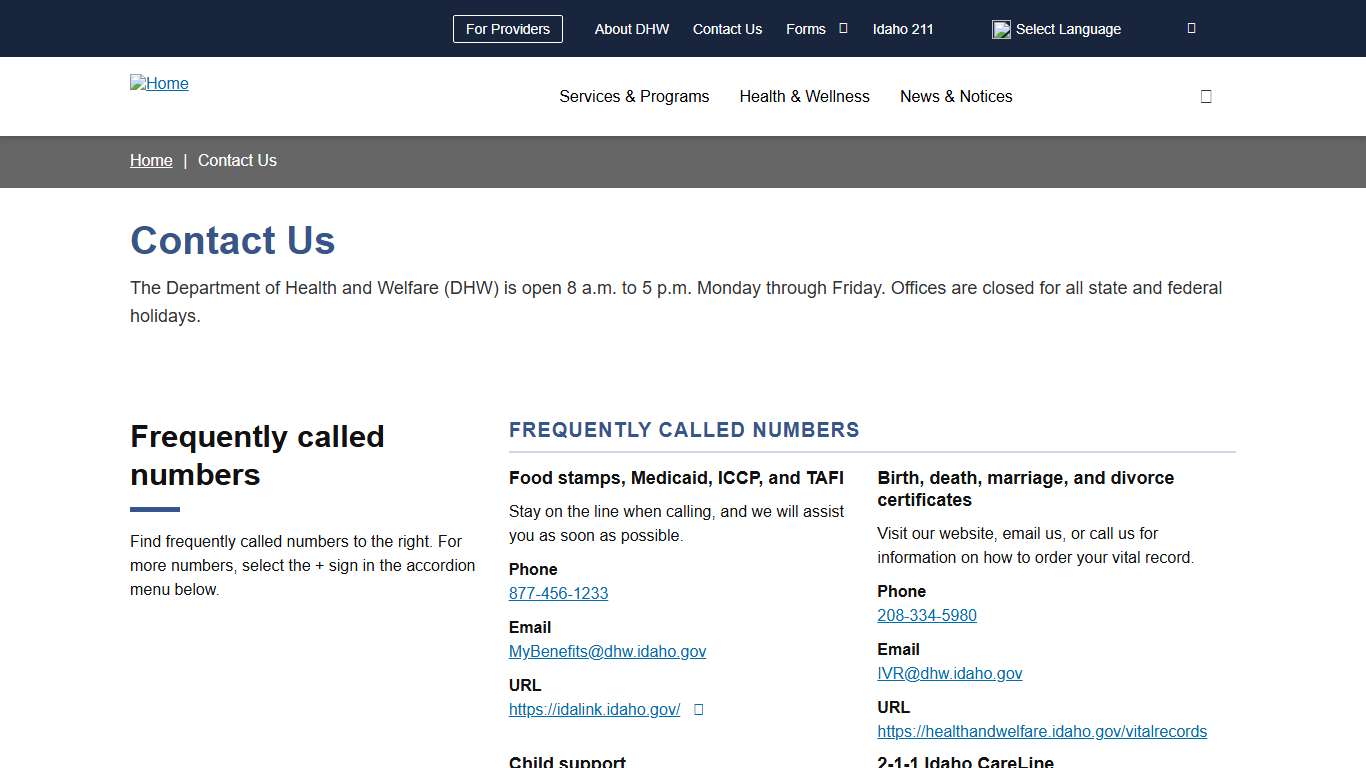 Contact Us Idaho Department of Health and Welfare